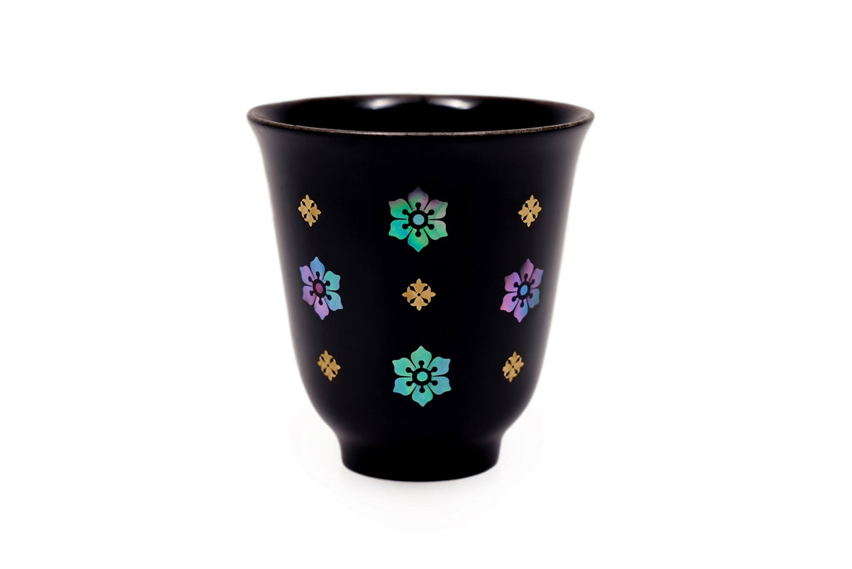 Tang Scroll-Grass Bell Cup in black lacquer with mother-of-pearl inlay